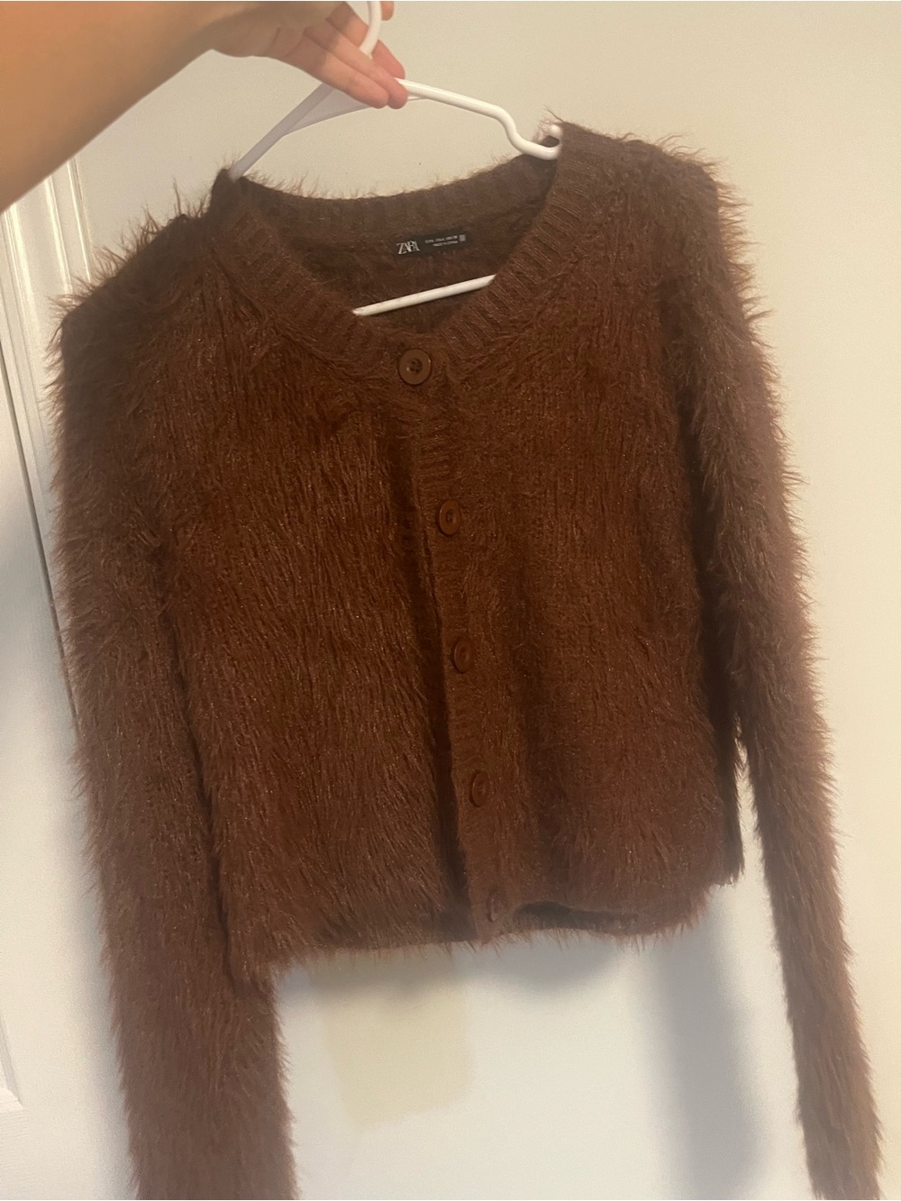 Zara Brown Fuzzy Button-Front Cardigan